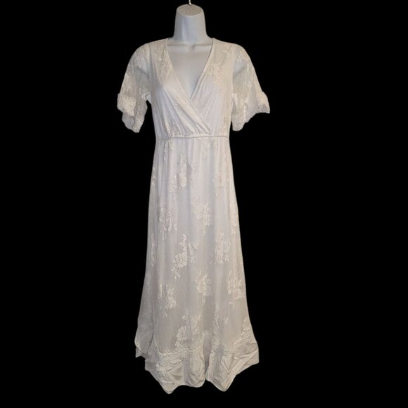 Lulus Short Sleeve Ivory Lace Overlay Ruffled Country Boho Style Long Maxi Dress - Picture 1 of 6